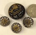 Large Antique Brass   Cut Steel Flower Button   3 Smaller Cut Steel Buttons
