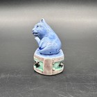 Vintage Chinese Mud Cat Figurine Animal Blue Green Miniature Statue Asian Style