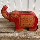 Vtg Leather Elephant Coin Piggy Bank Hand-tooled   Embossed India Trunk Up Boho