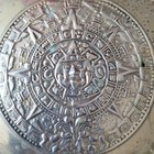 Vintage Mexican Brass   Abalone Shell Aztec Calendar Plate 6 25  - Signed Mexico