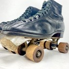 Vtg Chicago Hyde Roller Skates Black Leather Metal W  Wood Wheels Women Sz 11 5 
