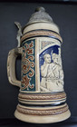 Vintage German Beer Stein W  Pewter Lid     Relief Bavarian Scene     Ornate Handle