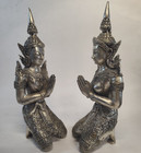 Pair Vintage Thai Teppanom Temple Guardian Angel Statues Silver Plated Brass 7 