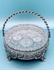 Victorian Meriden Quadruple Silver Plate High Relief Floral Cut Glass Basket