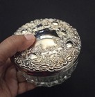 Vtg Silver-plated Glass Vanity Powder Jar Ornate Floral Design Lid Puff Screen