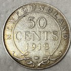 1918 Newfoundland 50 Cents Silver Coin King George V Pre-confederation Km 16
