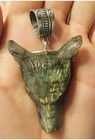 Large Hand Carved Labradorite  moonstone  Wolf Head Pendant With Large Sterling