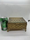 Vintage Gold Ormolu Glass Jewelry Casket Trinket Box Gold Velvet Lined
