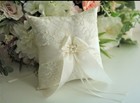 Ivory Lace Satin Pearl Wedding 2 Ring Pillows   1 Flower Basket Set