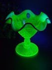 Vintage Fenton Black Crest Vaseline Uranium Glass Daisy Compote Candy Dish Mint