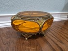 Lg  Vintage French Filigree Ormolu Jewelry Casket Beveled Amber Glass
