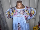 Vtg Blue Cotton Oaxacan Mexican Huipil Embroidered Floral Maxi Top Sz S m
