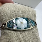 Vintage Signed Alpaca Mexico Abalone Silver Tone Inlay Hinge Bangle Bracelet