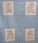 Vintage Handmade Embroidered Quilted  Blanket Animals Blue Baby Lap Wall Art