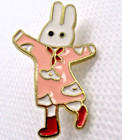 Rabbit Pin Pink Dress Red Boots Enamel Lapel Pin Cute Gold Tone Outline