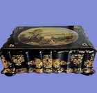 Large Antique Victorian Inlay Mop Black Laquer Papier-mache Sawing Box 
