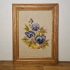 Vintage Framed Floral Needlepoint Pansies Embroidery Rustic Cottagecore Decor