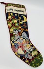 Vtg Needlepoint Christmas Stocking Toys And Cat Under The Tree Red Velvet On Bac