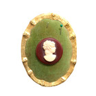Vintage Handmade Cameo Green Velvet Backing Ribbon Pin Cushion Standing Signed