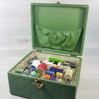 Vintage Green 10 X 8  Sewing Box Filled W  Notions Buttons Thread Snaps Gadgets