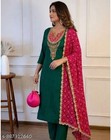3 Pcs Green Rayon Cotton Embroidered Work Kurta Pant Dupatta Set For Women Gift