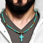 Turquoise Beaded Cross Necklace For Men Handmade Boho Jewelry Adjustable Chain
