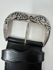 Linea Pelle Wide Black Leather Belt Ornate Silver Tone Western Buckle Medium