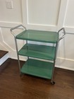 Mid Century Vintage Green Turquoise Metal   Chrome Rolling Kitchen Cart 3 Tier