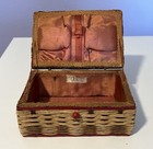 Vintage Dritz Small Sewing Basket Woven Wicker Straw Pink Satin Lined Child s