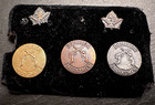 Five Vintage Dominion Marksman Dcra Screwback Pins - Gold  Silver  Bronze Colors