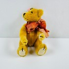 Vintage Miniature Mohair Jointed Teddy Bear Golden Yellow Plush Bow Head Static
