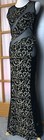Beaded Formal Evening Gown L Black Sheer Gold Swirl Elegant Pageant Goth Wedding