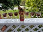 Vintage Mcm Culver Cranberry Scroll 22k Gold Martini Shaker   6 Glasses