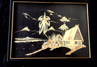 Vintage Set Of 2 Bamboo Straw Art Pictures   Cabin   Palm Trees    9 X 12 Framed