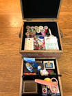 Vintage Mid Century Wood Sewing Box Caddy W  Antique Notions Wood Spools Buttons