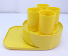 Vtg Mcm Stackable Plastic Tray Round Plates Cups Set Solid Yellow Ingrid     Lot
