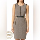 Michael Kors Herringbone Sheath Dress Chocolate Brown Faux Leather Trim 10 Nwt