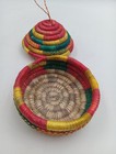Hand Woven Ethiopian Native Grass Reed Small Bowl With Lid Pink  Trinket Basket