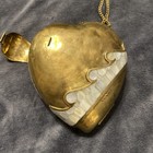 Vintage Brass Mother Of Pearl Heart Shaped Minaudiere Handbag Black Interior