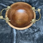 Vintage Wooden Decorative Bowl With Brass Acorn Design Handles 1980   s Rare