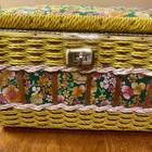 Vintage Woven Wicker Sewing Basket Box W  Insert Flowers Fabric Japan Boho Mod 