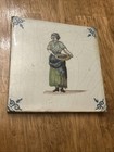 Antique Delft Blue   White Tile Painted Woman Basket Scene 5   