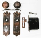 Antique Door Set Victorian   Eastlake Backplate Knob Mortise Lock Key Reclaimed