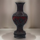 Vtg Chinese Carved Black   Red Cinnabar Lacquer Vase Blue Enamel W  Stand Read