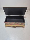 Vintage Pink Rose Floral Jewelry Trinket Box Gold Metal Stand Keepsake Decor