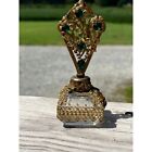 Two Jeweled Czech Glass Perfume Scent Bottles Bohemian Gilt Filigree Antique