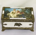 Vintage Footed Gold Jewelry Box With Soft Fabric Lid Trinket Enamel Metal