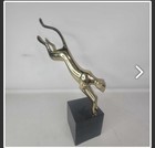 Brass Jaguar Vintage Art Deco Stylized Heavy Metal Sculpture On Wood Base 