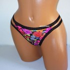 Victoria s Secret Pink Strappy Lace Thong Panty Size L Black Floral Nwt