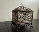 Vtg Resin Ornate Cut Leaf Carved Jewelry Trinket Box W Lid Pedestal Home Decor